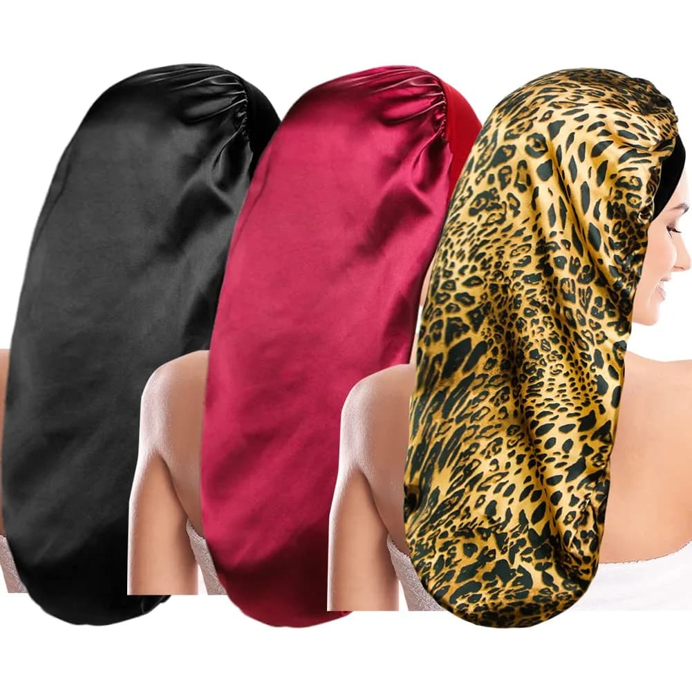 Oumrote Long Satin Sleep Bonnet for Hair Care, Women's Curly Hair, 26 inches (Pack of 3) — Ou-set-1