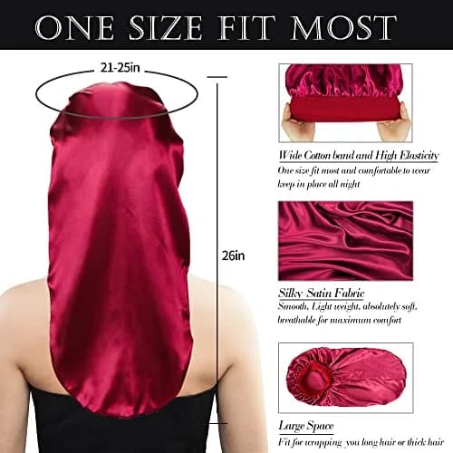 Oumrote Long Satin Sleep Bonnet for Hair Care, Women's Curly Hair, 26 inches (3-Pack) thumbnail 2