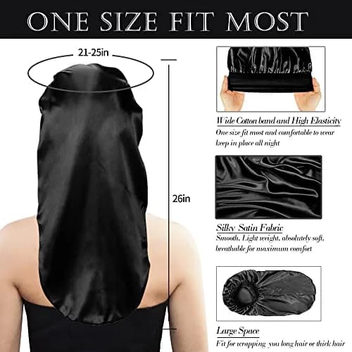 Oumrote Long Satin Sleep Bonnet for Hair Care, Women's Curly Hair, 26 inches (Pack of 3) thumbnail 2