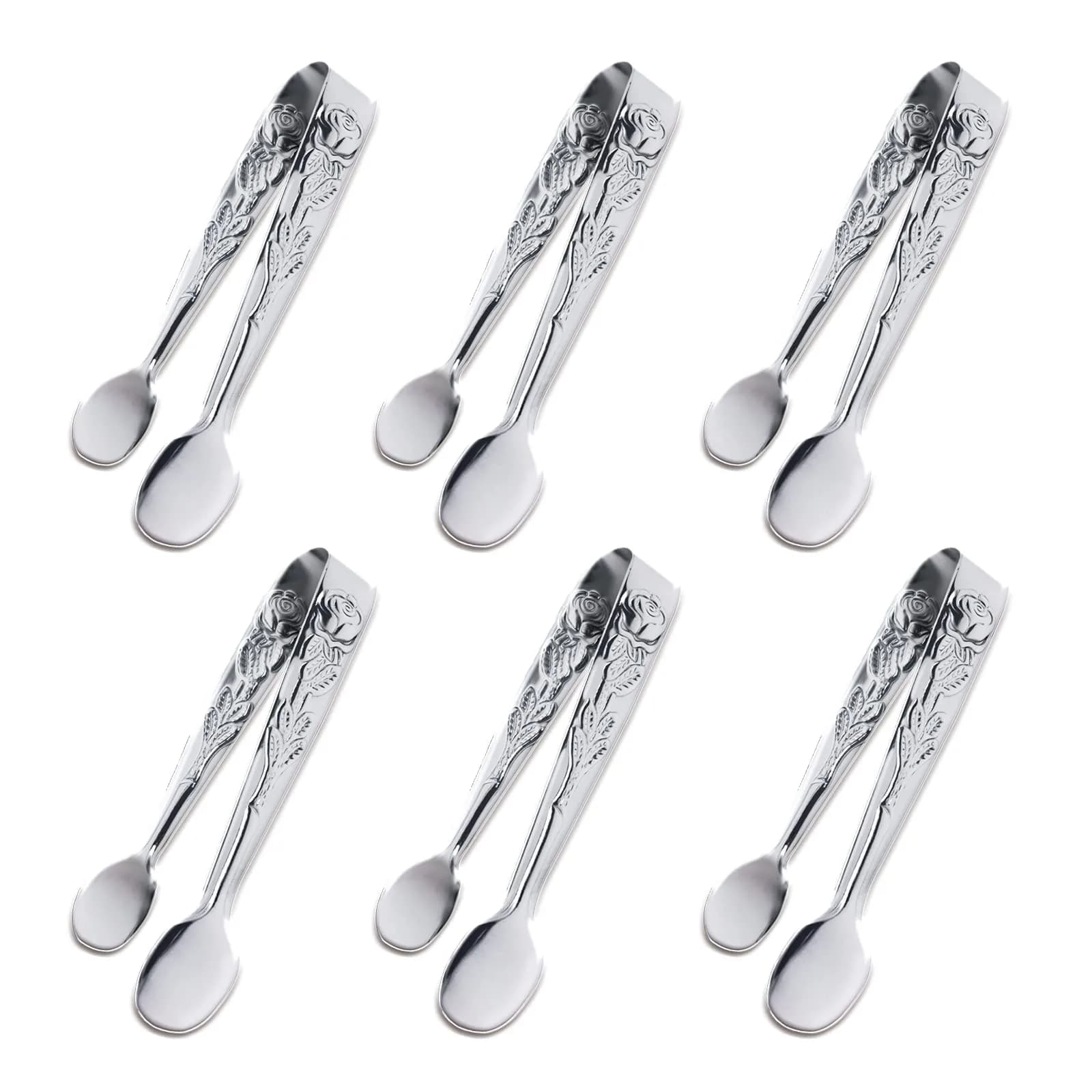 Sunenlyst Mini Serving Tongs 4.13 inch (10.5 cm) Rose Stainless Steel Sugar Cube Tongs, 6-Piece Set | Appetizer Tongs for Parties & Buffets