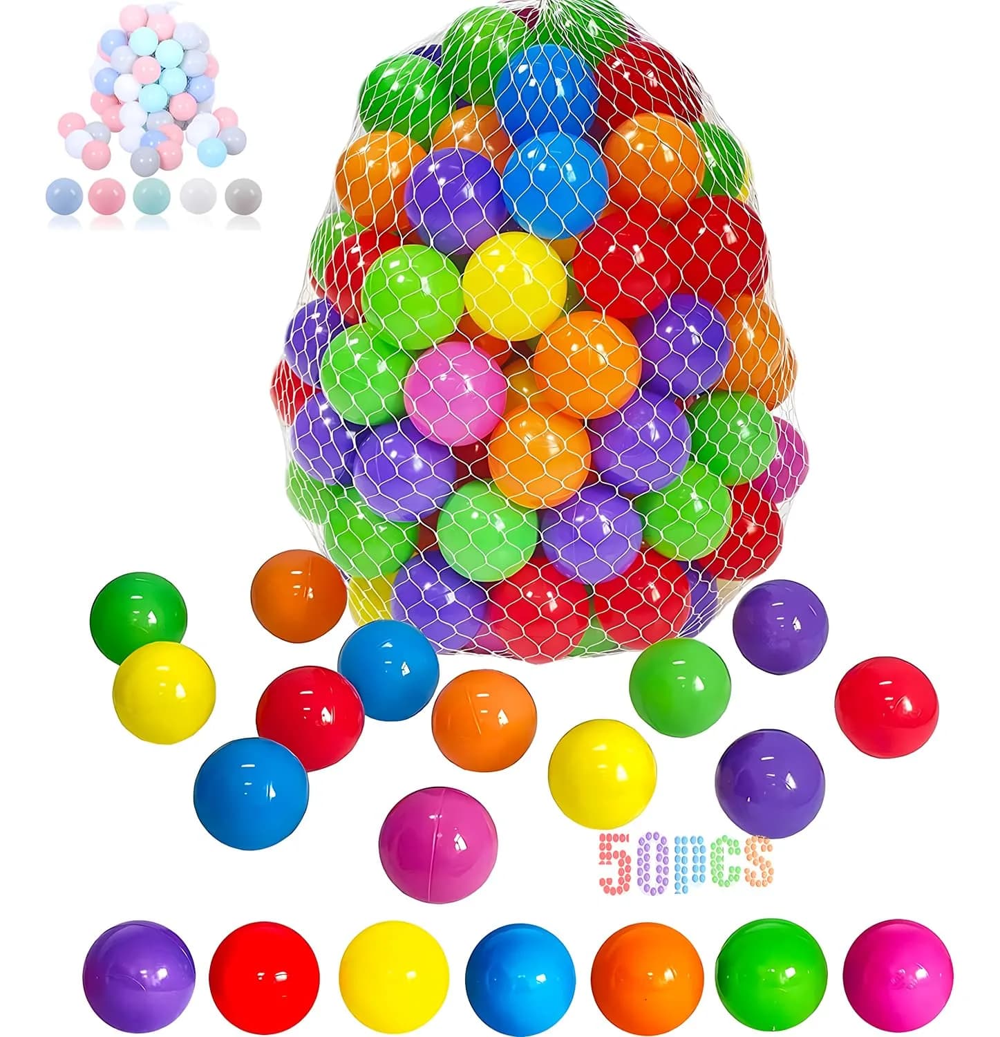 LANGXUN Plastic Ball Pit Balls for Baby Toddler Kids | 50/100/200/400 pcs, 2.2 inches, Non-Toxic, Bright Colors — 50 Balls, 7 Rainbow Colors