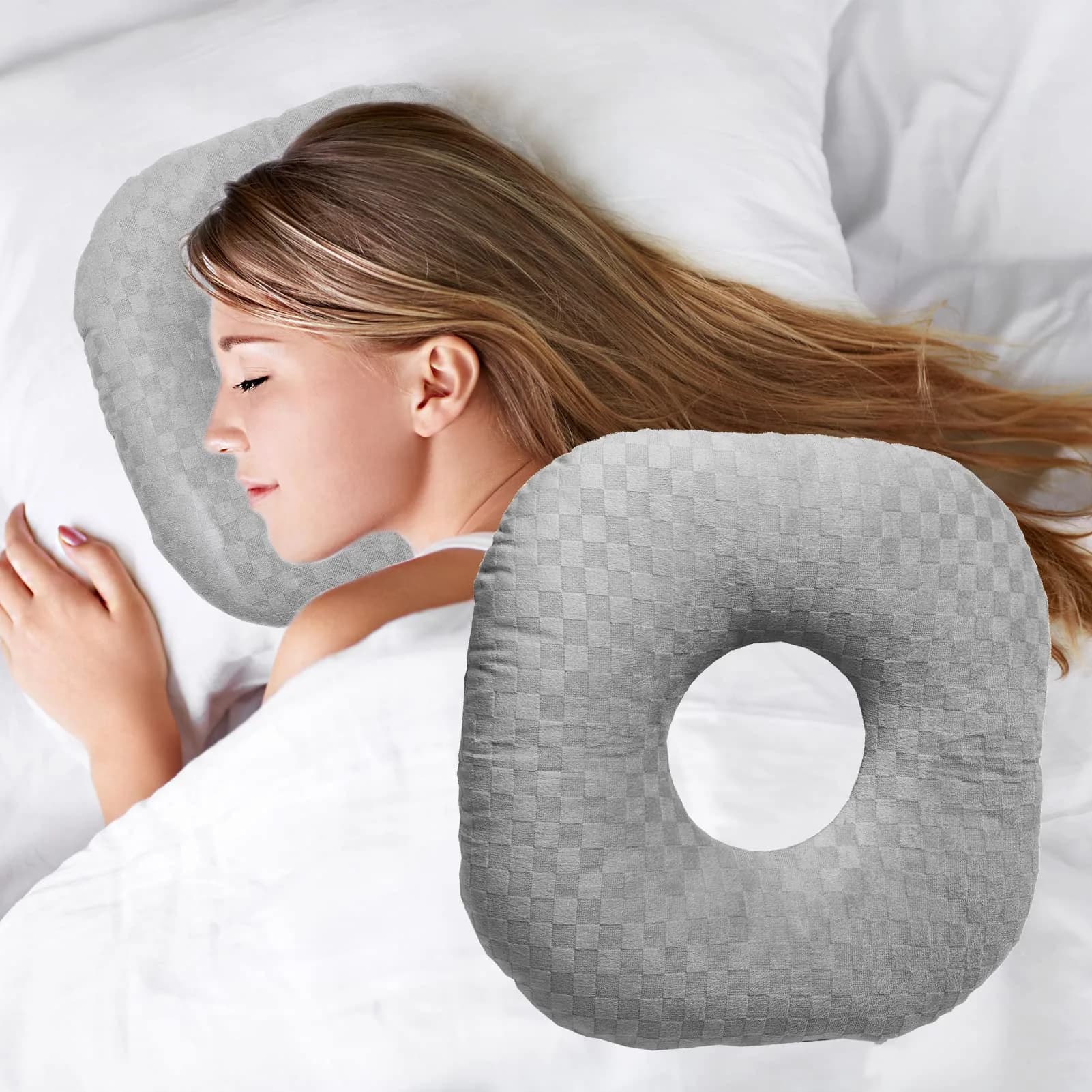 Wuronsa Ear Piercing Pillow with Hole for Cartilage Piercings, CNH Support | Adjustable Cotton Pillow for Side Sleepers - main product image