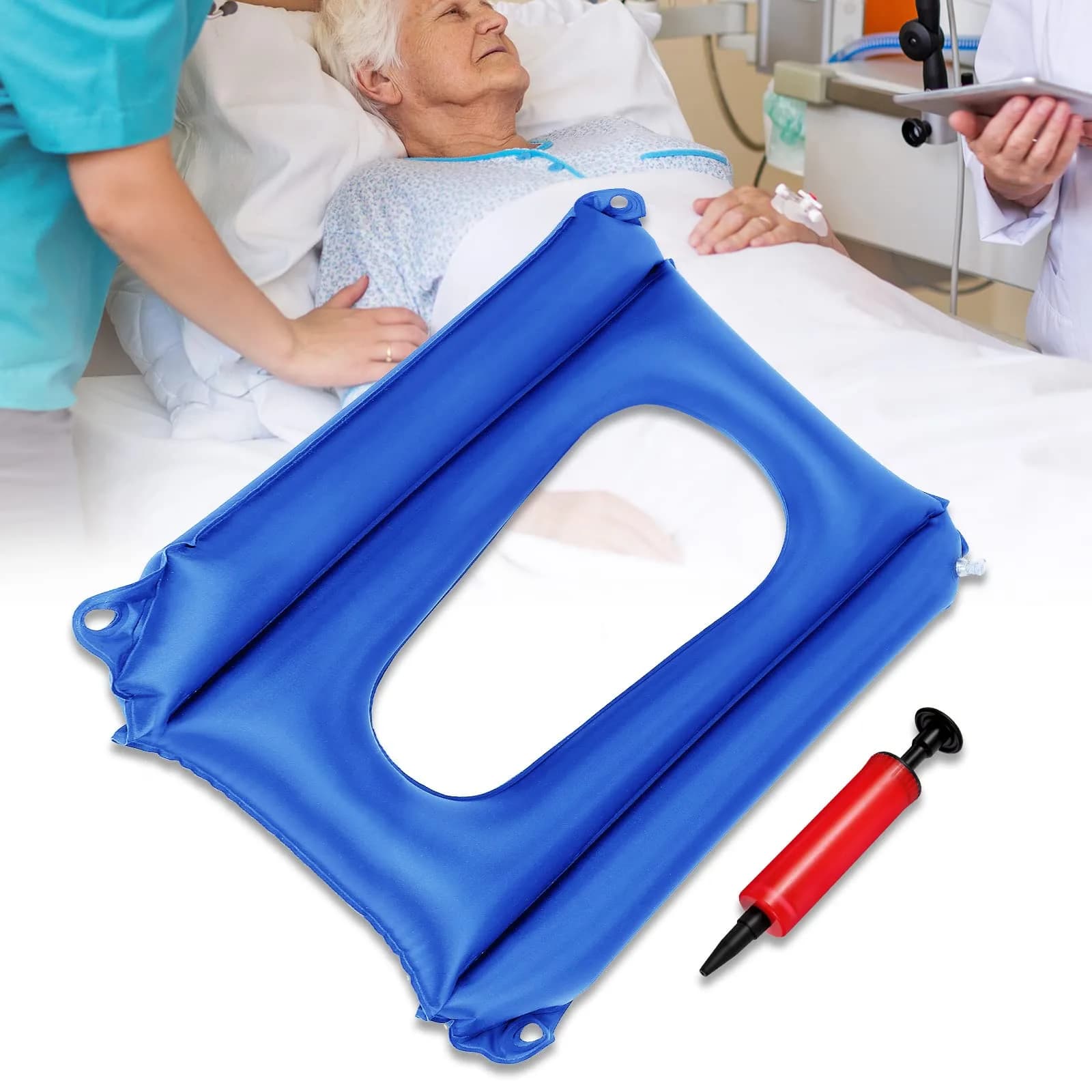Namalu Inflatable Bed Sore Cushion for Pressure Sore Relief Tailbone Coccyx Cushion for Bedridden Elderly, Wheelchair Chair Pad (Black) | Breathable Nursing Pad — Blue
