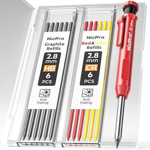 Nicpro Carpenter Pencil with Sharpener & 13 Refills | 2.8mm Construction Pencil for Woodworking, Metal, Plastic, Paper thumbnail 1