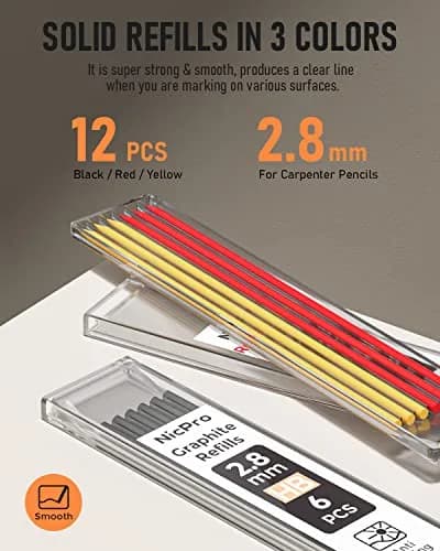 Nicpro Carpenter Pencil with Sharpener & 13 Refills | 2.8mm Construction Pencil for Woodworking, Metal, Plastic, Paper thumbnail 5
