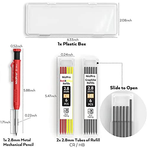 Nicpro Carpenter Pencil with Sharpener & 13 Refills | 2.8mm Construction Pencil for Woodworking, Metal, Plastic, Paper thumbnail 7