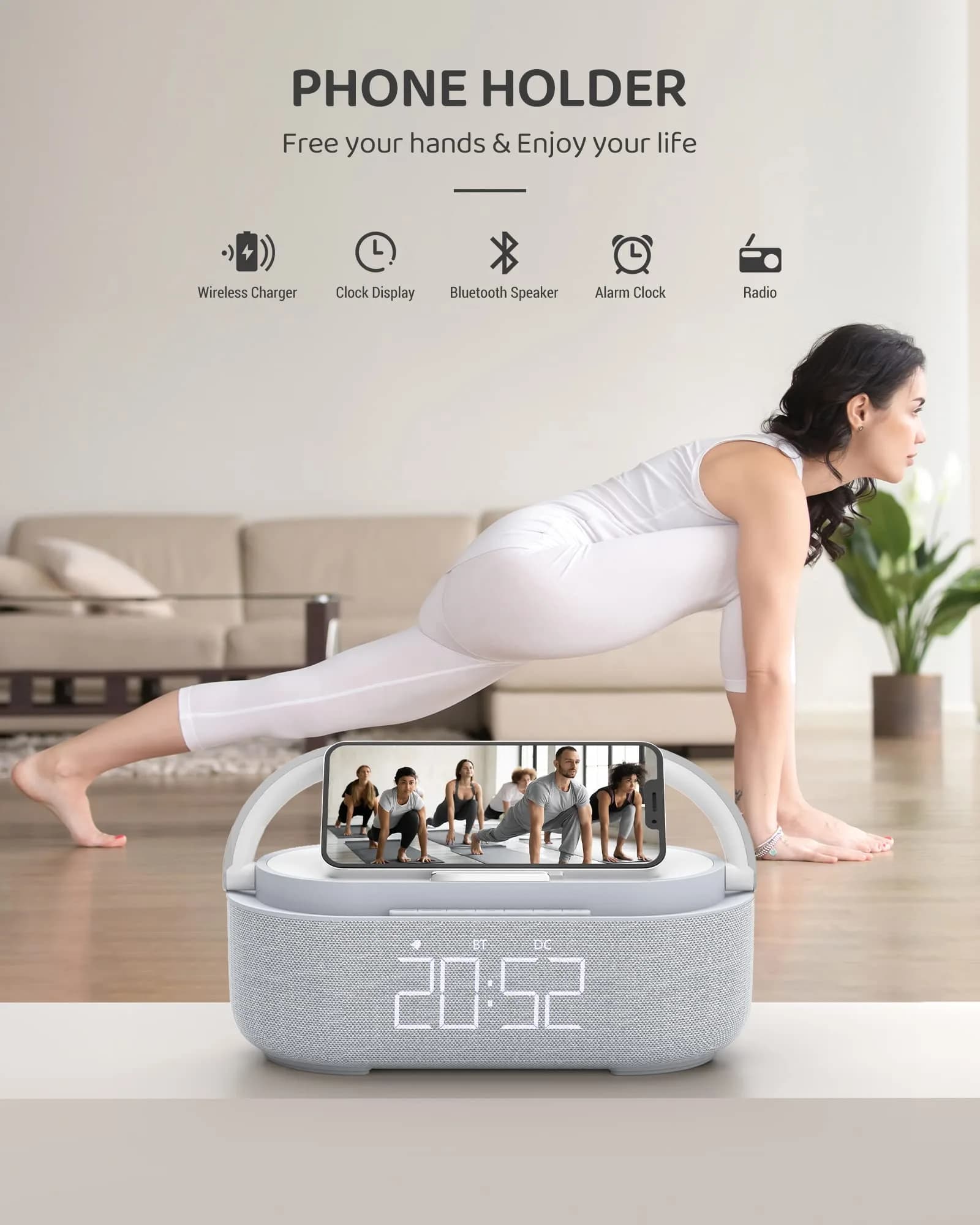 COLSUR 6-in-1 Bluetooth Speaker Alarm Clock & Wireless Charger, Gray | Bedside, Home, Office - view 5