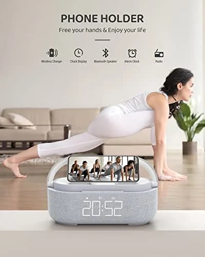 COLSUR 6-in-1 Bluetooth Speaker Alarm Clock & Wireless Charger, Gray | Bedside, Home, Office thumbnail 5