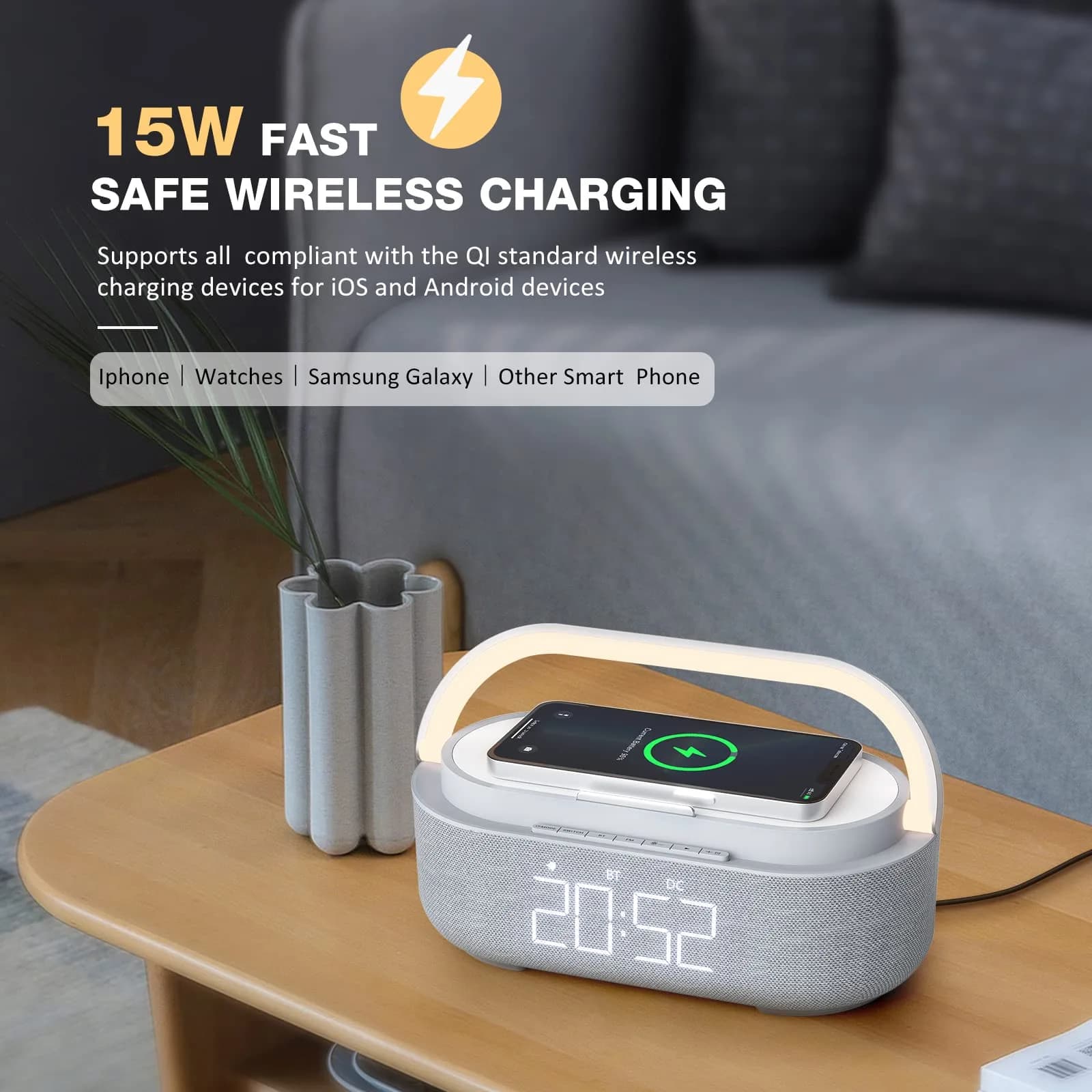 COLSUR 6-in-1 Bluetooth Speaker Alarm Clock & Wireless Charger, Gray | Bedside, Home, Office - view 6