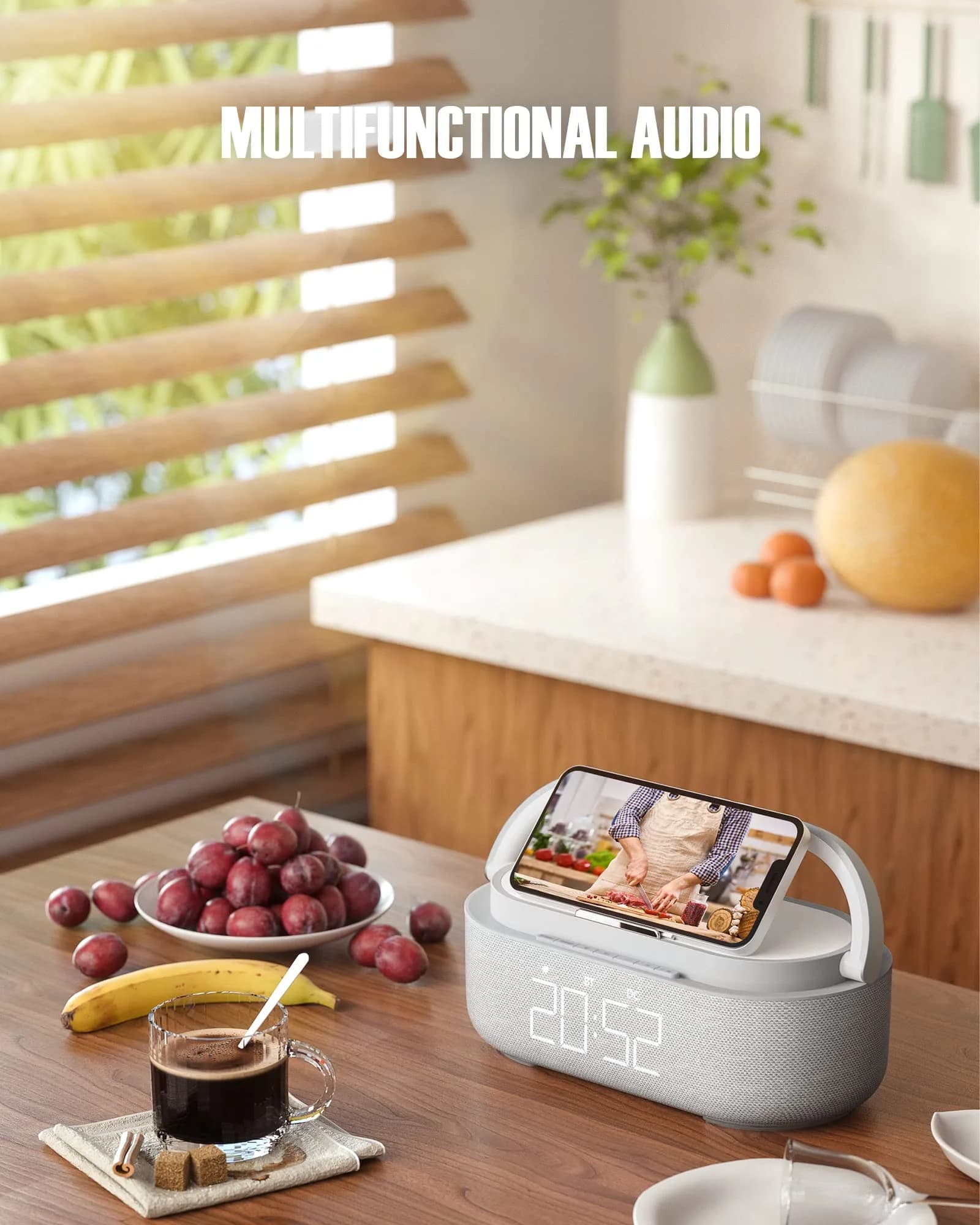 COLSUR 6-in-1 Bluetooth Speaker Alarm Clock & Wireless Charger, Gray | Bedside, Home, Office - view 7