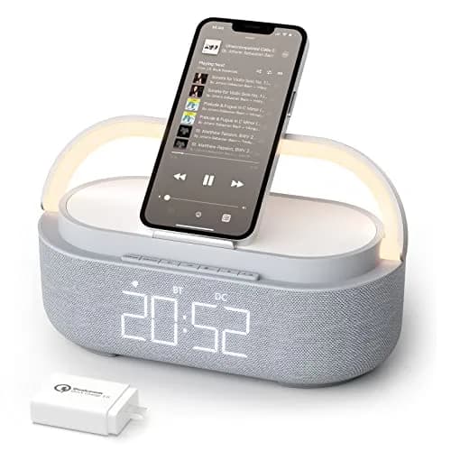 COLSUR 6-in-1 Bluetooth Speaker Alarm Clock & Wireless Charger, Gray | Bedside, Home, Office thumbnail 1