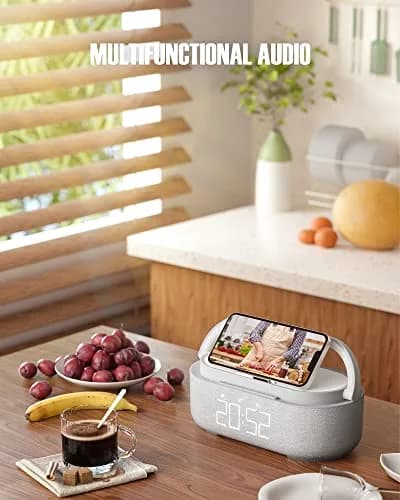 COLSUR 6-in-1 Bluetooth Speaker Alarm Clock & Wireless Charger, Gray | Bedside, Home, Office thumbnail 7