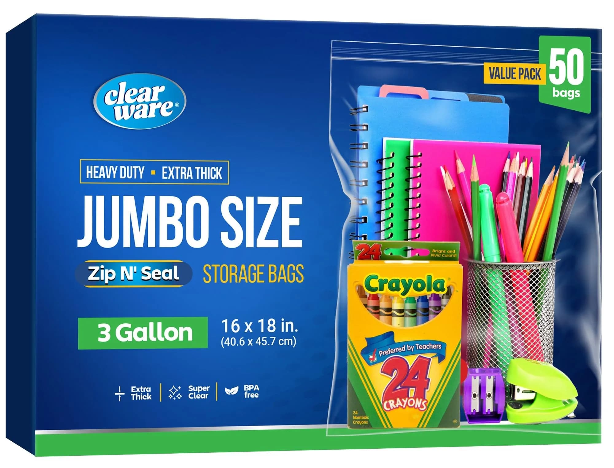 CLEARWARE Large Storage Bags with Zipper Top | Extra Large 3 Gallon, 16" x 18" BPA-Free Waterproof (50 Count) - main product image