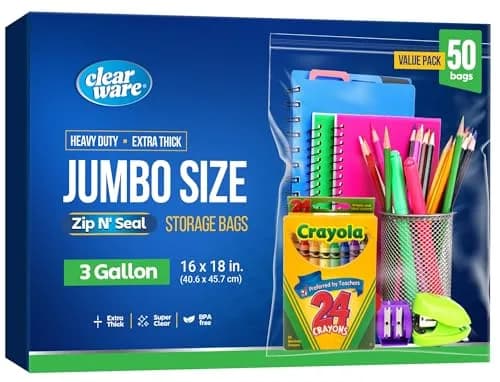 CLEARWARE Large Storage Bags with Zipper Top | Extra Large 3 Gallon, 16" x 18" BPA-Free Waterproof (50 Count) thumbnail 1