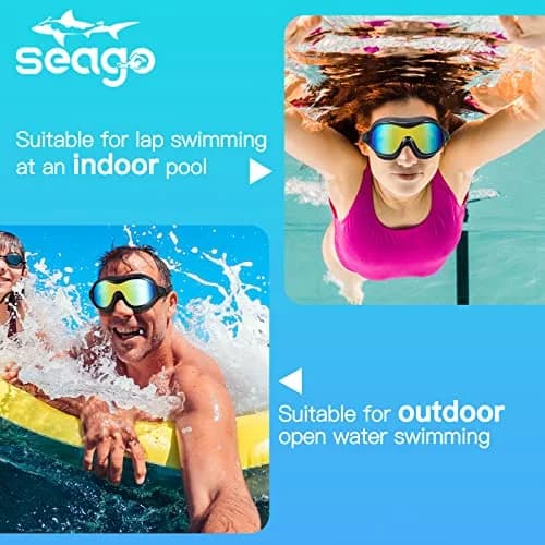 Seago Anti-Fog UV Protection Swim Goggles for Adults & Youth | Mirrored Aqua (1 Pair) thumbnail 4