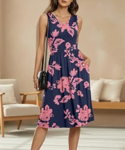 NILOUFO Sleeveless Dress for Women Summer Knee Length Sundress with Pockets | Flowy Casual Style in Rayon (95%) + Spandex (5%) thumbnail 3