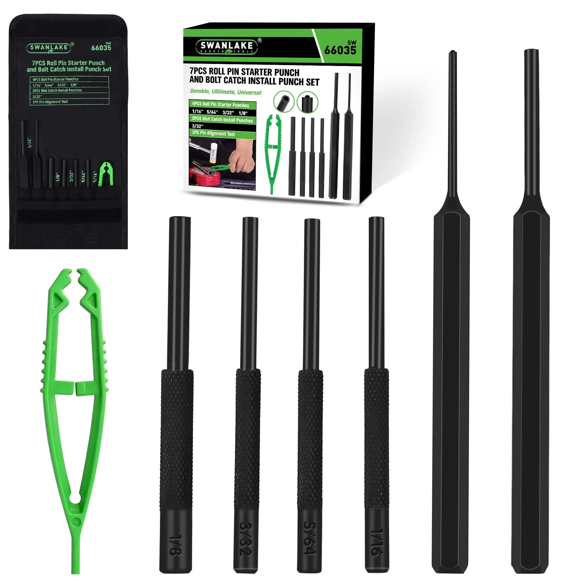 SWANLAKE GARDEN TOOLS 7-Piece Roll Pin Starter Punch and Install Punch Set 1.8mm (1/16") | Precision Assembly Tool — Roll Pin Starter Punch - Black