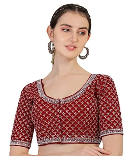 Pujia Mills Women's Ready Made Blouse Burgundy 38 (96.5cm) | Heavy Silver Jari Thread Work thumbnail 1