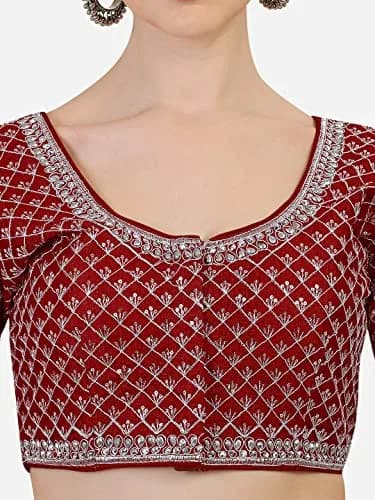 Pujia Mills Women's Ready Made Blouse Burgundy 38 (96.5cm) | Heavy Silver Jari Thread Work thumbnail 4