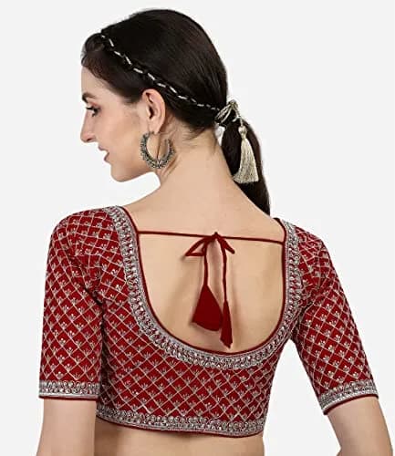 Pujia Mills Women's Ready Made Blouse Burgundy 38 (96.5cm) | Heavy Silver Jari Thread Work thumbnail 2