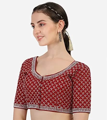 Pujia Mills Women's Ready Made Blouse Burgundy 38 (96.5cm) | Heavy Silver Jari Thread Work thumbnail 3