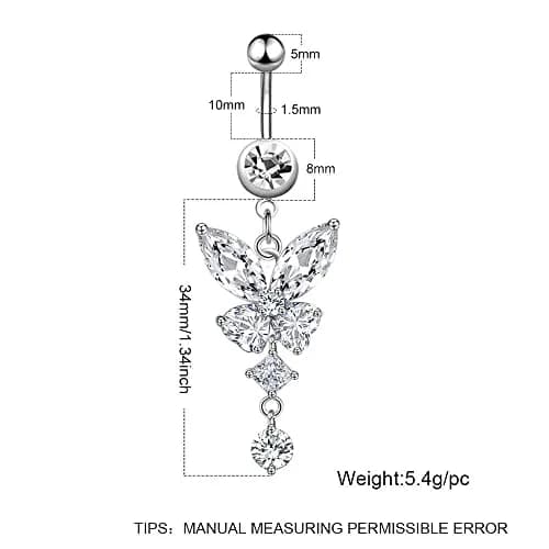 Pingyongchang Belly Button Ring 14G Butterfly CZ Dangle | Hypoallergenic Stainless Steel (70-120c) thumbnail 5