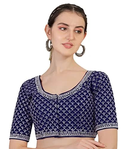 Pujia Mills Women's Ready Made Blouse Size 38 (38 | 100g) | Silver Jari Thread & Sequins Work thumbnail 1