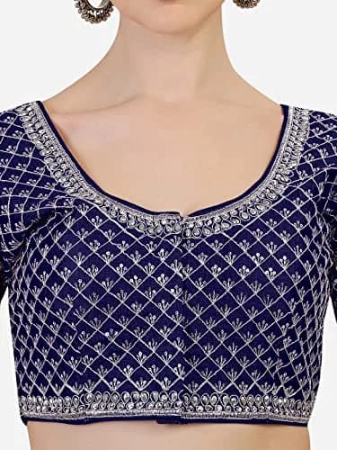Pujia Mills Women's Ready Made Blouse Size 38 (38 | 100g) | Silver Jari Thread & Sequins Work thumbnail 4