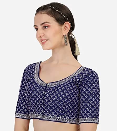 Pujia Mills Women's Ready Made Blouse Size 38 (38 | 100g) | Silver Jari Thread & Sequins Work thumbnail 3