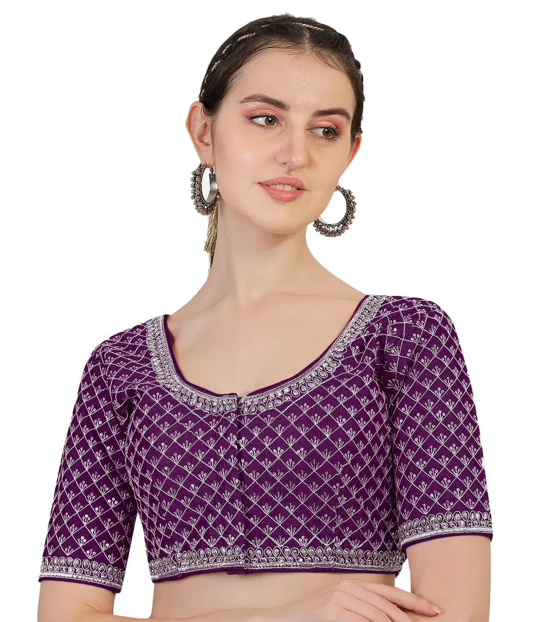 Pujia Mills Women's Wine Silk Blouse with Silver Jari Thread for Saree Lehenga, 38 Inches (Adjustable to 42 Inches), Half Sleeve — Wine