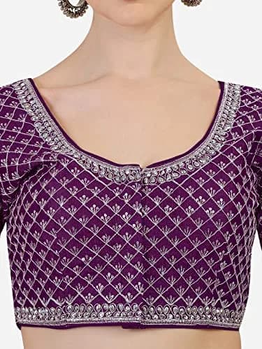 Pujia Mills Women's Wine Silk Blouse with Silver Jari Thread for Saree Lehenga, 38 Inches (Adjustable to 42 Inches), Half Sleeve thumbnail 4
