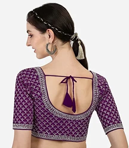 Pujia Mills Women's Wine Silk Blouse with Silver Jari Thread for Saree Lehenga, 38 Inches (Adjustable to 42 Inches), Half Sleeve thumbnail 2