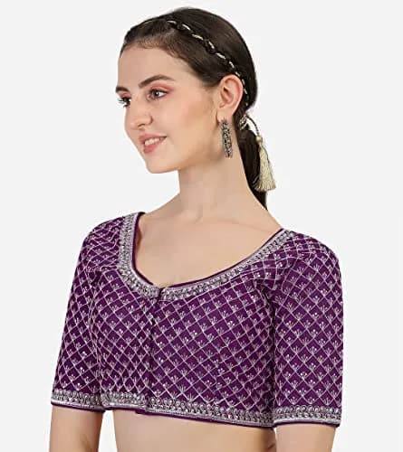 Pujia Mills Women's Wine Silk Blouse with Silver Jari Thread for Saree Lehenga, 38 Inches (Adjustable to 42 Inches), Half Sleeve thumbnail 3