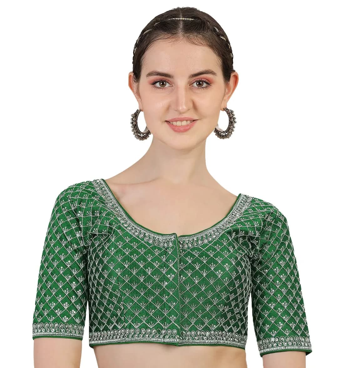 Pujia Mills Women's Blouse With Heavy Silver Jari Thread For Saree Lehenga, Green, 38 (100g) | Indian Choli for Ceremonies — Green