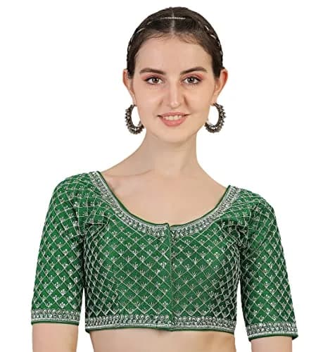Pujia Mills Women's Blouse With Heavy Silver Jari Thread For Saree Lehenga, Green, 38 (100g) | Indian Choli for Ceremonies thumbnail 1