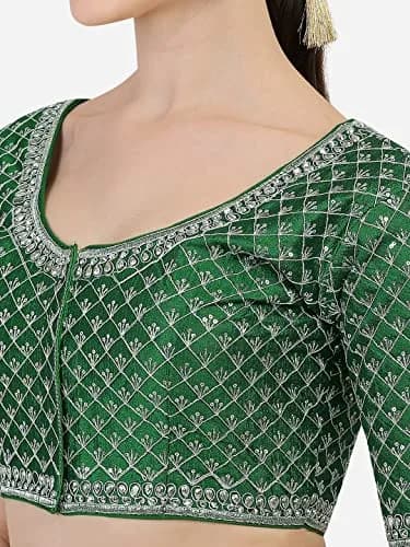 Pujia Mills Women's Blouse With Heavy Silver Jari Thread For Saree Lehenga, Green, 38 (100g) | Indian Choli for Ceremonies thumbnail 4