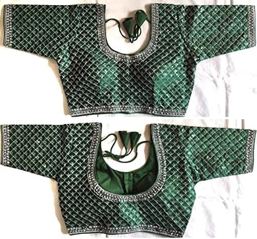 Pujia Mills Women's Blouse With Heavy Silver Jari Thread For Saree Lehenga, Green, 38 (100g) | Indian Choli for Ceremonies thumbnail 6