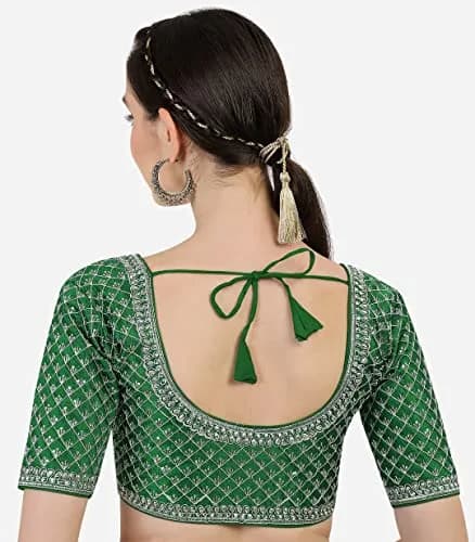 Pujia Mills Women's Blouse With Heavy Silver Jari Thread For Saree Lehenga, Green, 38 (100g) | Indian Choli for Ceremonies thumbnail 2