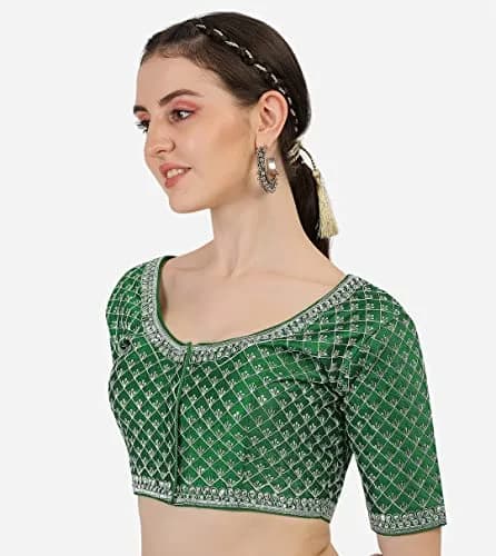 Pujia Mills Women's Blouse With Heavy Silver Jari Thread For Saree Lehenga, Green, 38 (100g) | Indian Choli for Ceremonies thumbnail 3