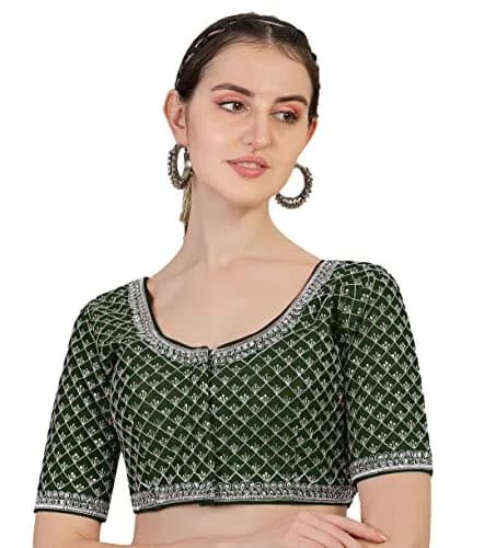 Pujia Mills Women's Ready Made Blouse with Silver Jari Thread, Dark Green, 38 (96.52 cm) thumbnail 1