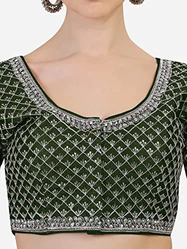 Pujia Mills Women's Ready Made Blouse with Silver Jari Thread, Dark Green, 38 (96.52 cm) thumbnail 4
