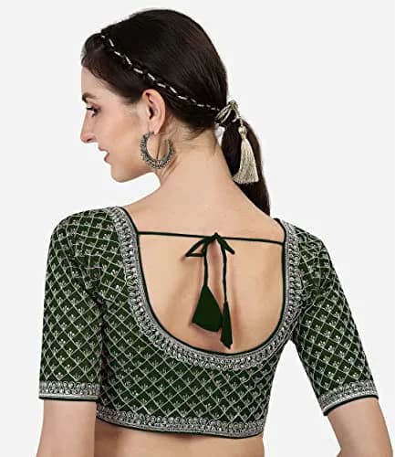 Pujia Mills Women's Ready Made Blouse with Silver Jari Thread, Dark Green, 38 (96.52 cm) thumbnail 2