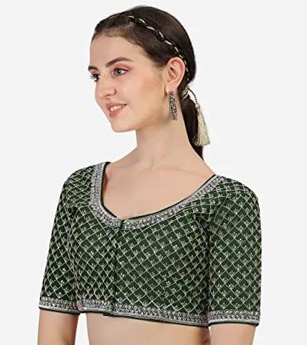 Pujia Mills Women's Ready Made Blouse with Silver Jari Thread, Dark Green, 38 (96.52 cm) thumbnail 3