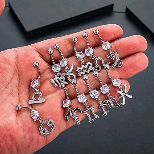 Pingyongchang Dangle Belly Button Rings 14G | Surgical Steel Navel Piercing Jewelry for Women-Cancer thumbnail 4