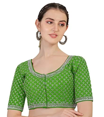 Pujia Mills Women's Ready Made Blouse with Heavy Silver Jari Thread for Saree Lehenga, Light Green, 38 | Heavy Ghost Silk, Padded thumbnail 1