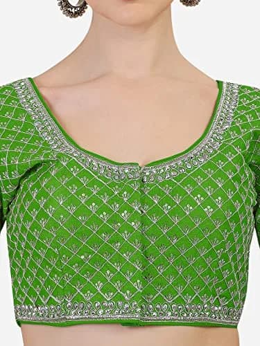 Pujia Mills Women's Ready Made Blouse with Heavy Silver Jari Thread for Saree Lehenga, Light Green, 38 | Heavy Ghost Silk, Padded thumbnail 4
