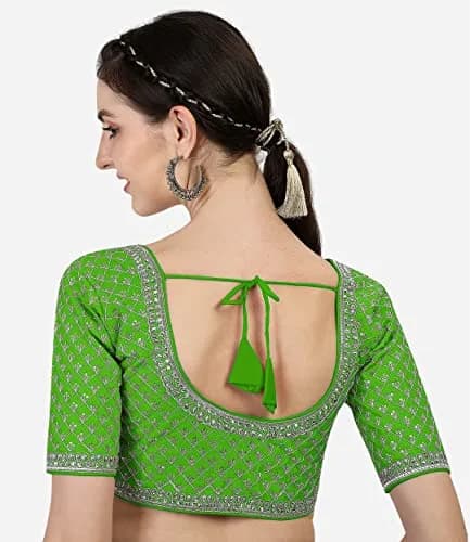 Pujia Mills Women's Ready Made Blouse with Heavy Silver Jari Thread for Saree Lehenga, Light Green, 38 | Heavy Ghost Silk, Padded thumbnail 2