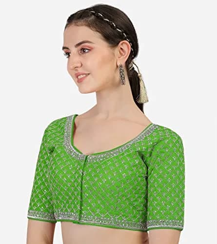 Pujia Mills Women's Ready Made Blouse with Heavy Silver Jari Thread for Saree Lehenga, Light Green, 38 | Heavy Ghost Silk, Padded thumbnail 3