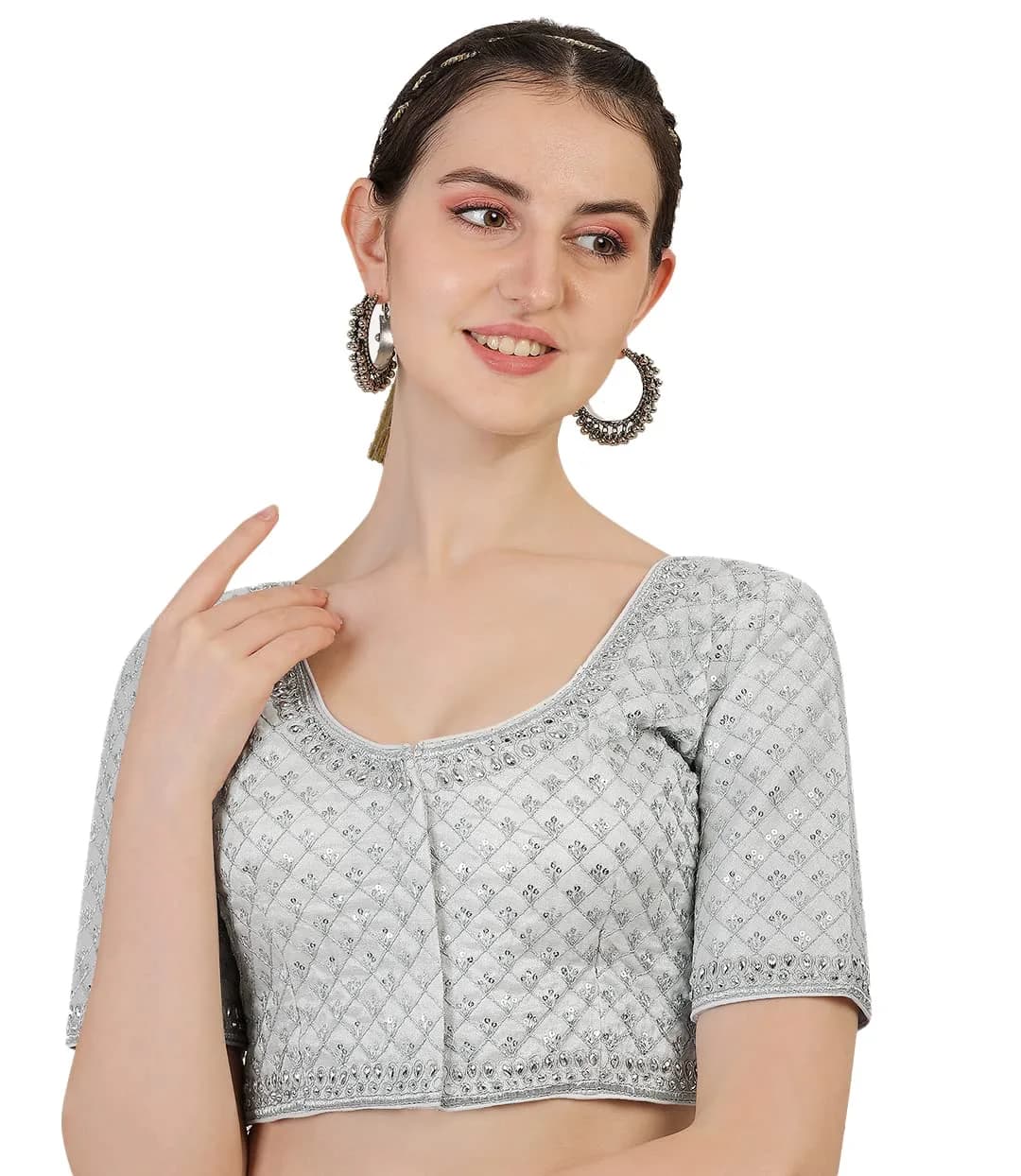 Pujia Mills Women's Silver Jari Thread Readymade Blouse 38 (96.5cm) | Heavy Phantom Silk with Diamond Work — White
