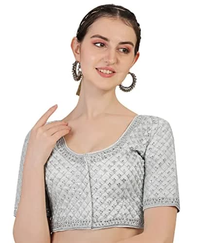 Pujia Mills Women's Silver Jari Thread Readymade Blouse 38 (96.5cm) | Heavy Phantom Silk with Diamond Work thumbnail 1